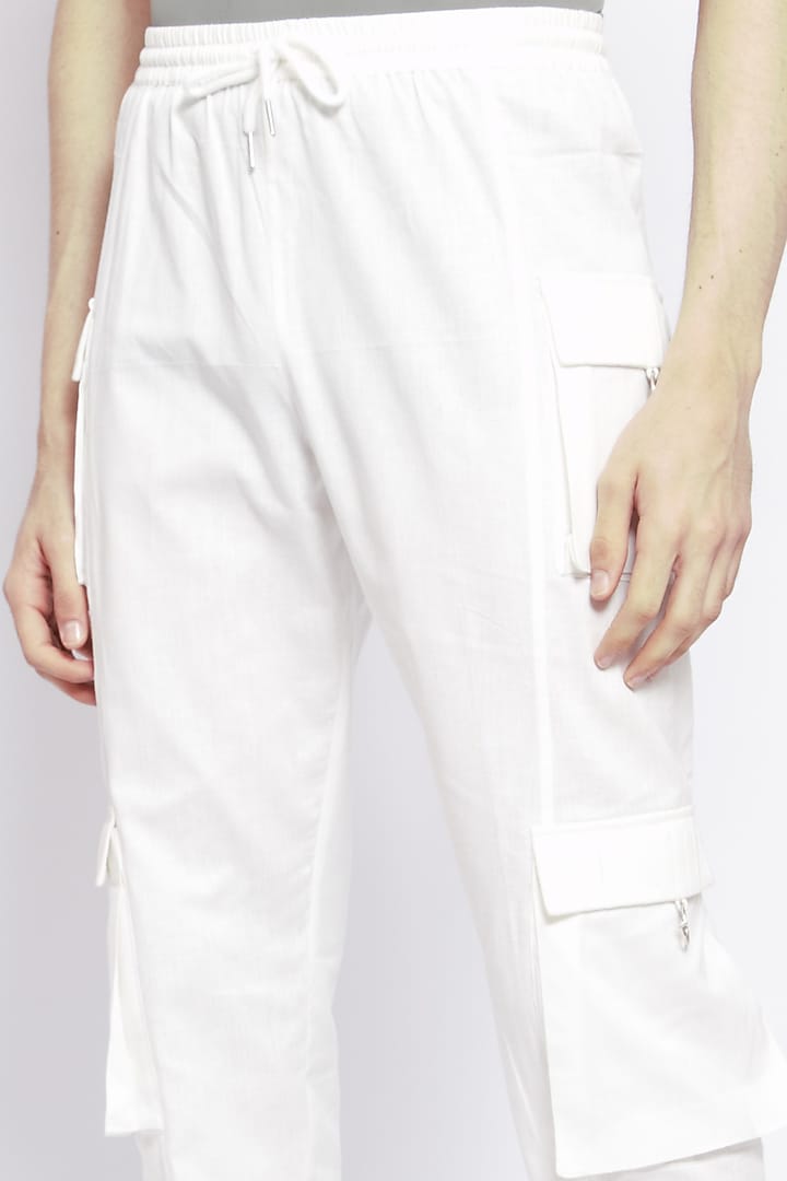 Powder Blue Cotton Flax Joggers by DIERMEISS BY THE DRAGON LADY at Pernia's Pop Up Shop