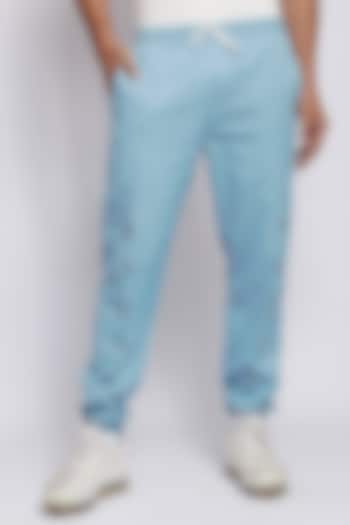 Powder Blue Cotton Flax Pleated Joggers by DIERMEISS BY THE DRAGON LADY