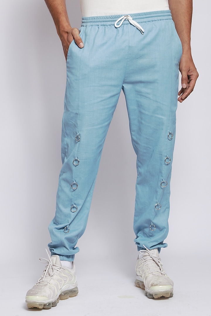Powder Blue Cotton Flax Pleated Joggers by DIERMEISS BY THE DRAGON LADY