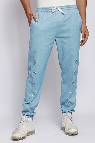 Powder Blue Cotton Flax Pleated Joggers by DIERMEISS BY THE DRAGON LADY