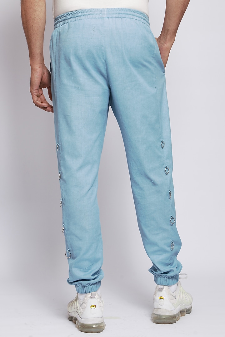 Powder Blue Cotton Flax Pleated Joggers by DIERMEISS BY THE DRAGON LADY at Pernia's Pop Up Shop