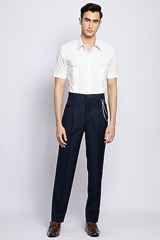 Ink blue Poly Viscose Trousers by DIERMEISS BY THE DRAGON LADY
