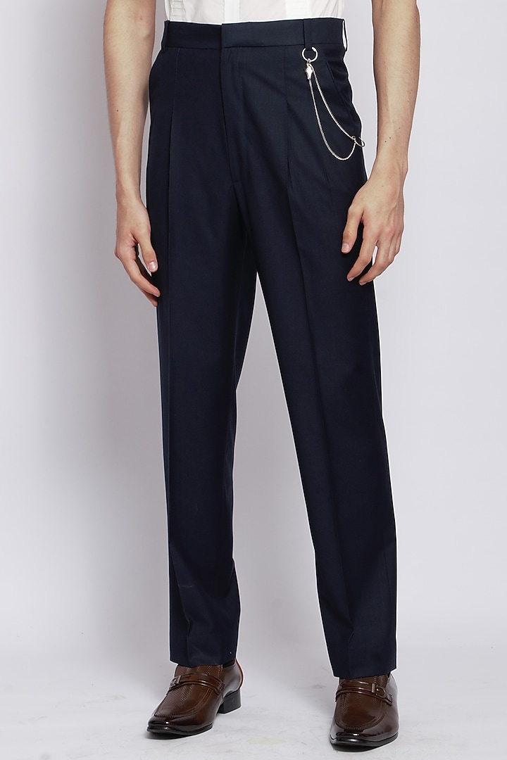 Ink blue Poly Viscose Trousers by DIERMEISS BY THE DRAGON LADY at Pernia's Pop Up Shop