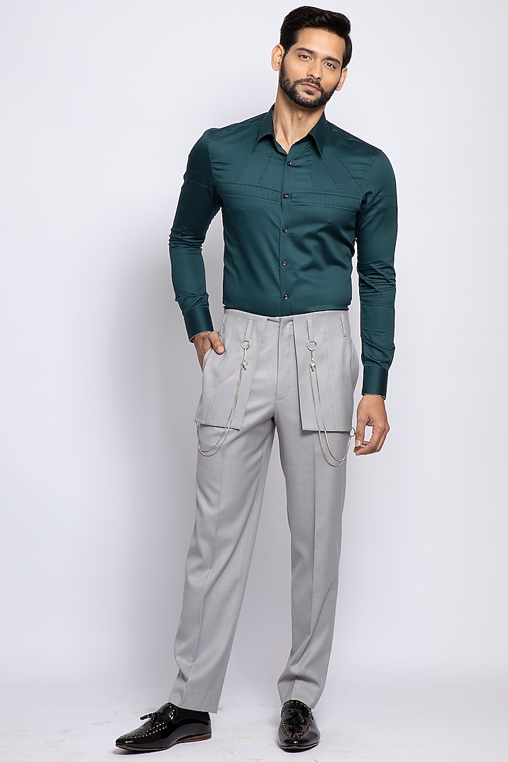 Light Grey Poly Viscose & Merino Wool Trousers by DIERMEISS BY THE DRAGON LADY
