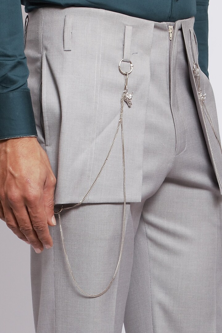 Light Grey Poly Viscose & Merino Wool Trousers by DIERMEISS BY THE DRAGON LADY at Pernia's Pop Up Shop