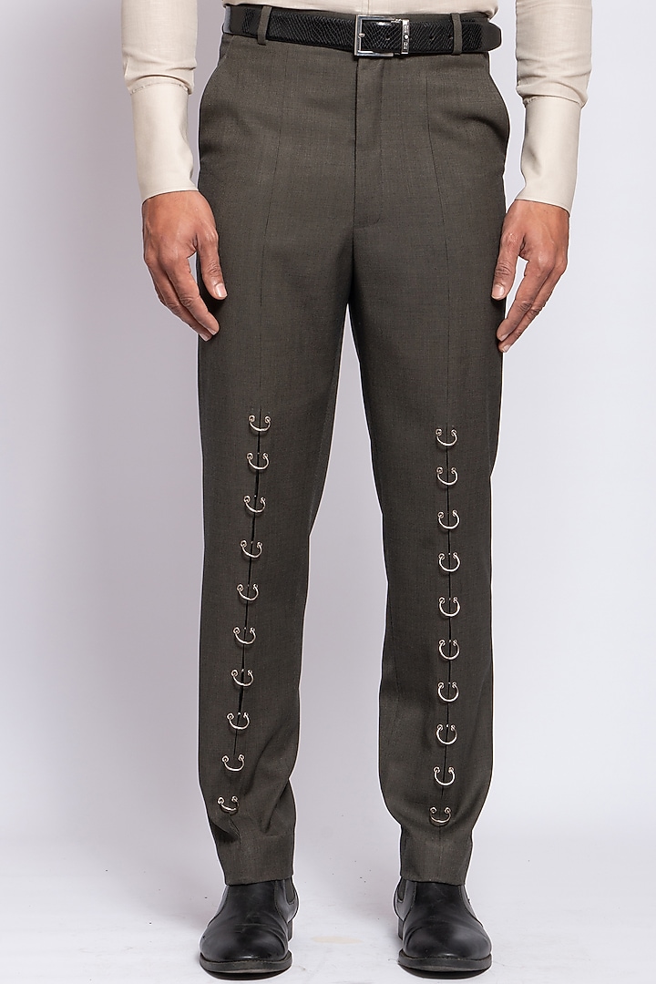 Pewter Green Poly Viscose & Merino Wool Trousers by DIERMEISS BY THE DRAGON LADY at Pernia's Pop Up Shop