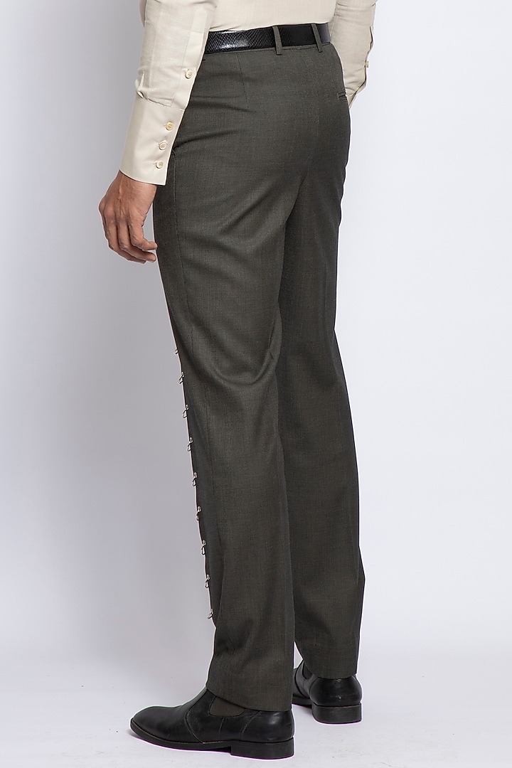 Pewter Green Poly Viscose & Merino Wool Trousers by DIERMEISS BY THE DRAGON LADY at Pernia's Pop Up Shop