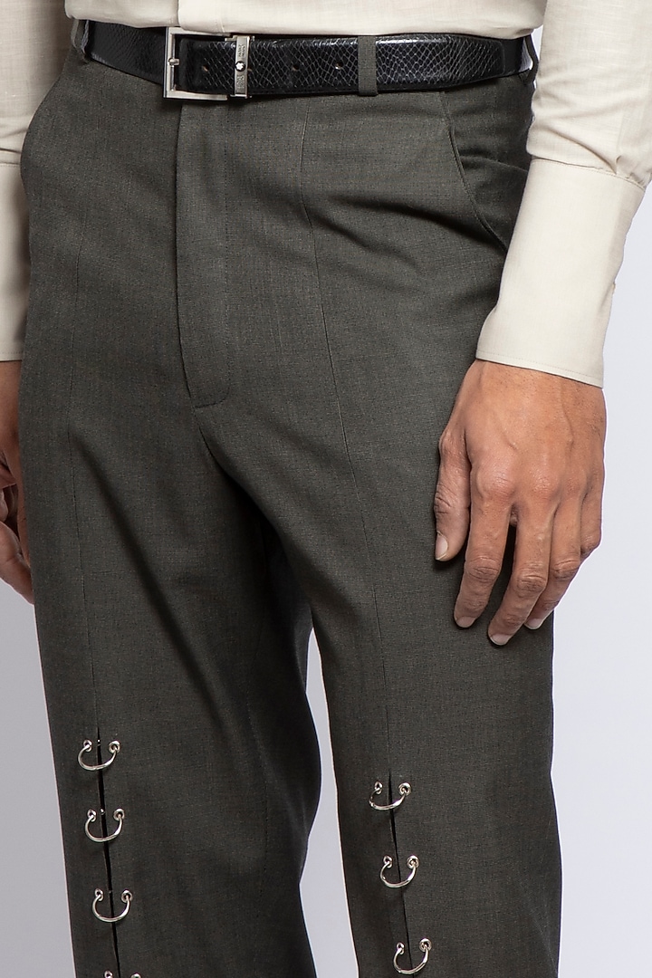 Pewter Green Poly Viscose & Merino Wool Trousers by DIERMEISS BY THE DRAGON LADY at Pernia's Pop Up Shop