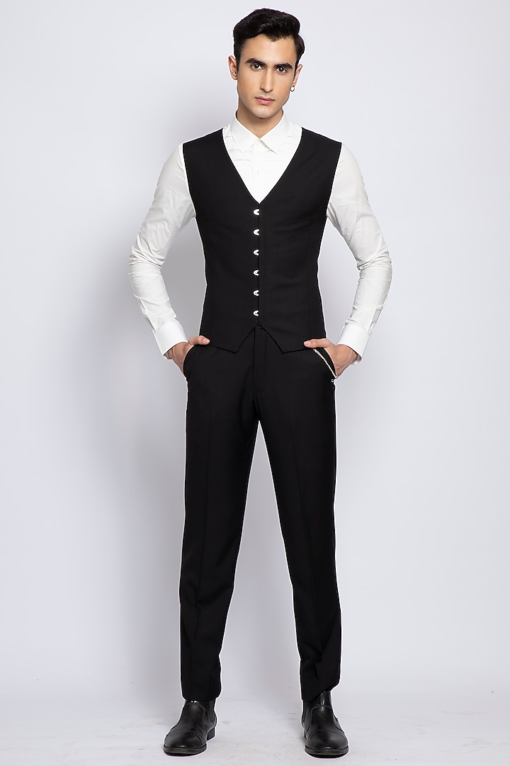Black Italian Terry Rayon Suiting Waistcoat by DIERMEISS BY THE DRAGON LADY