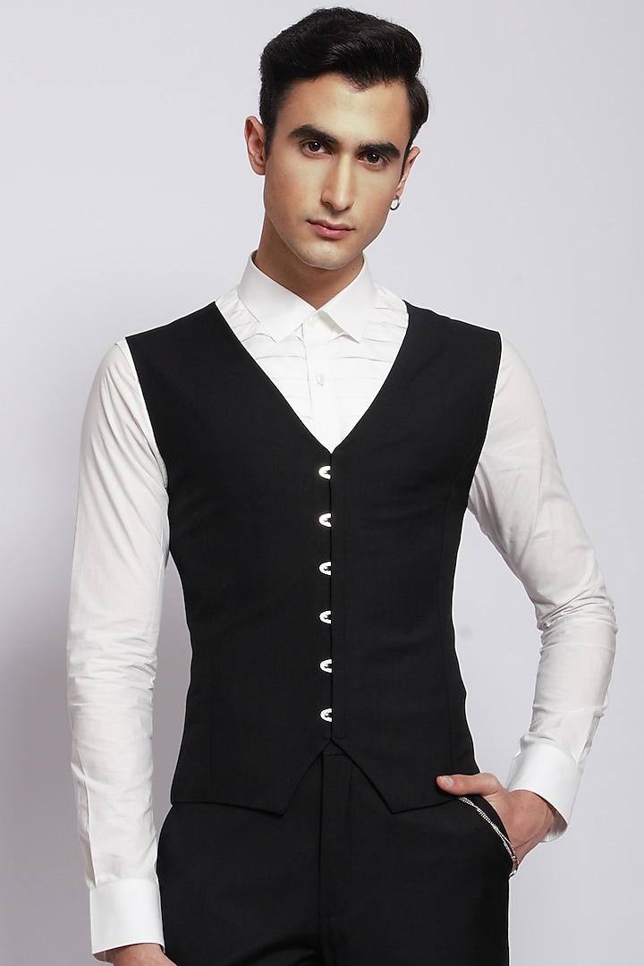 Black Italian Terry Rayon Suiting Waistcoat by DIERMEISS BY THE DRAGON LADY at Pernia's Pop Up Shop