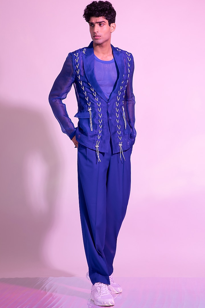 Royal Blue Silk Organza Blazer by DIERMEISS BY THE DRAGON LADY at Pernia's Pop Up Shop