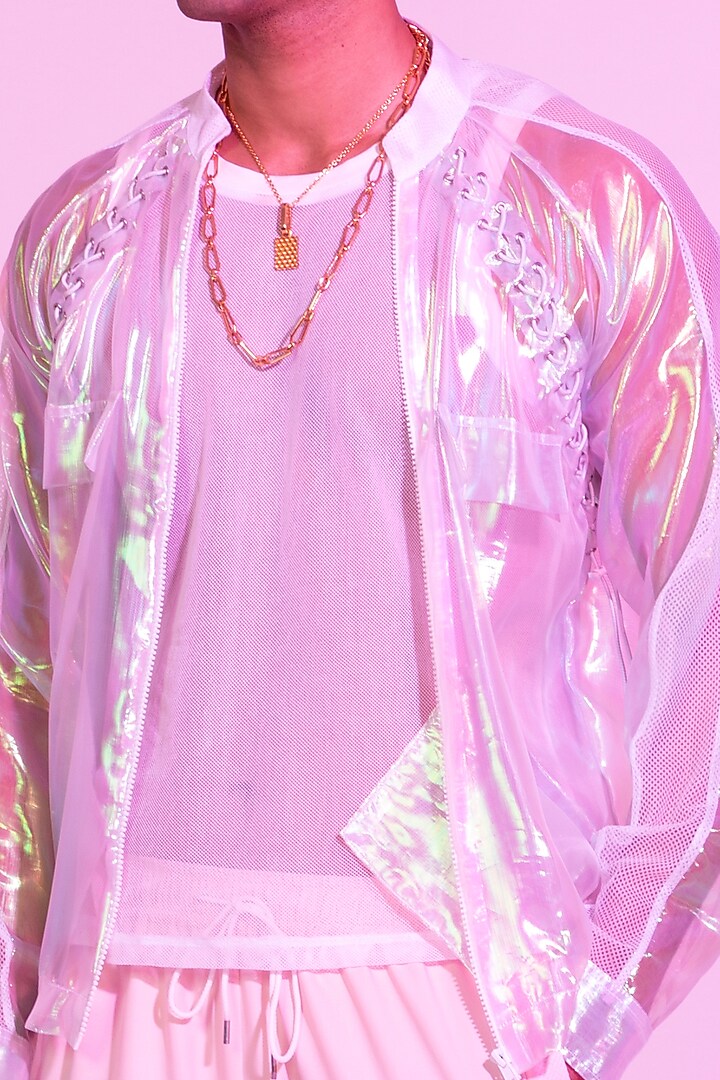 Pink Organza Transparent Bomber Jacket by DIERMEISS BY THE DRAGON LADY at Pernia's Pop Up Shop