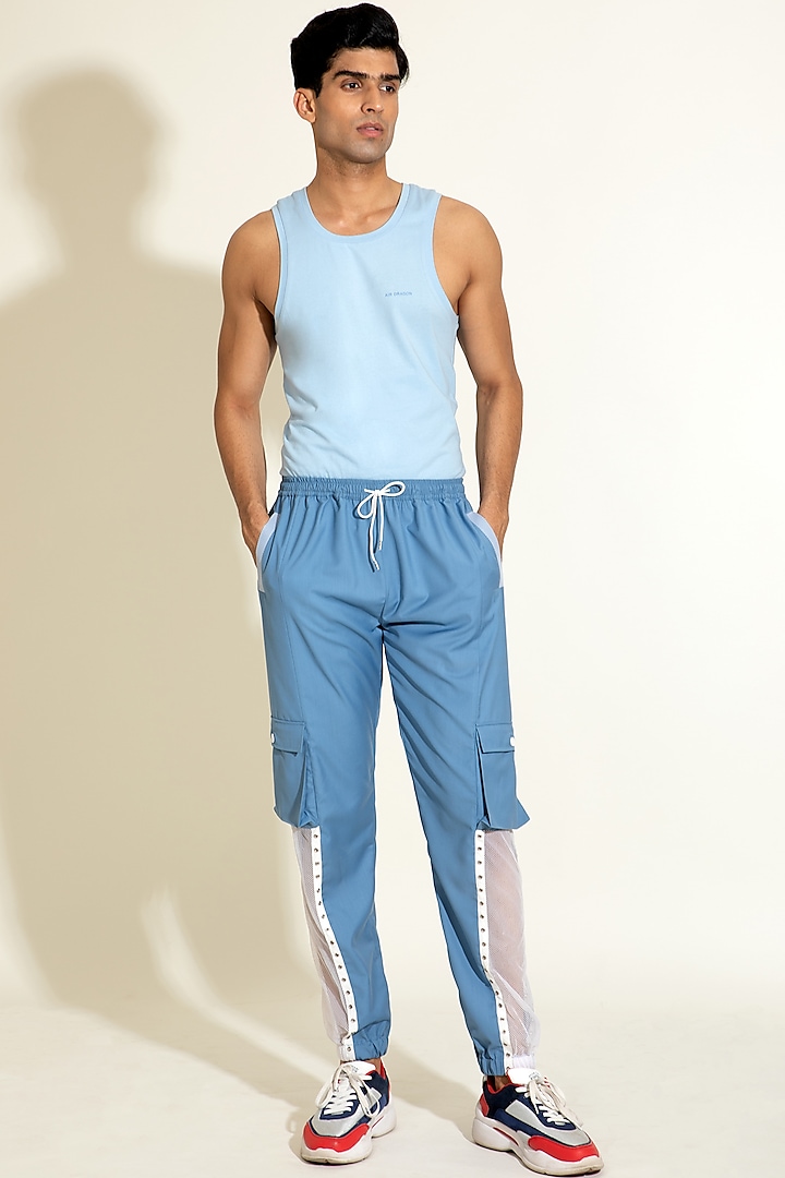 Powder Blue Mesh Jogger Pants by DIERMEISS BY THE DRAGON LADY