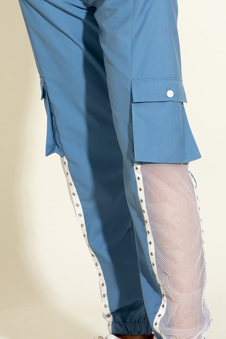 Powder Blue Mesh Jogger Pants by DIERMEISS BY THE DRAGON LADY at Pernia's Pop Up Shop