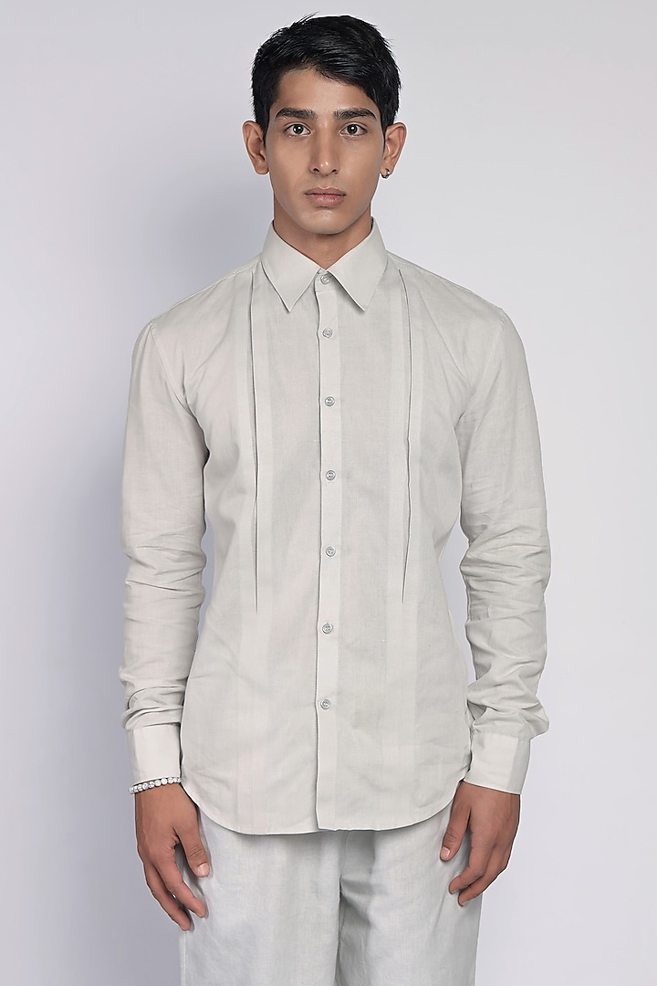 Grey Pure Linen Shirt by DIERMEISS BY THE DRAGON LADY