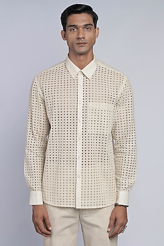 Off-White Cotton & Schiffli Embroidered Shirt by DIERMEISS BY THE DRAGON LADY