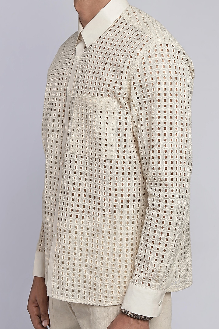 Off-White Cotton & Schiffli Embroidered Party Wear Shirt by DIERMEISS BY THE DRAGON LADY at Pernia's Pop Up Shop