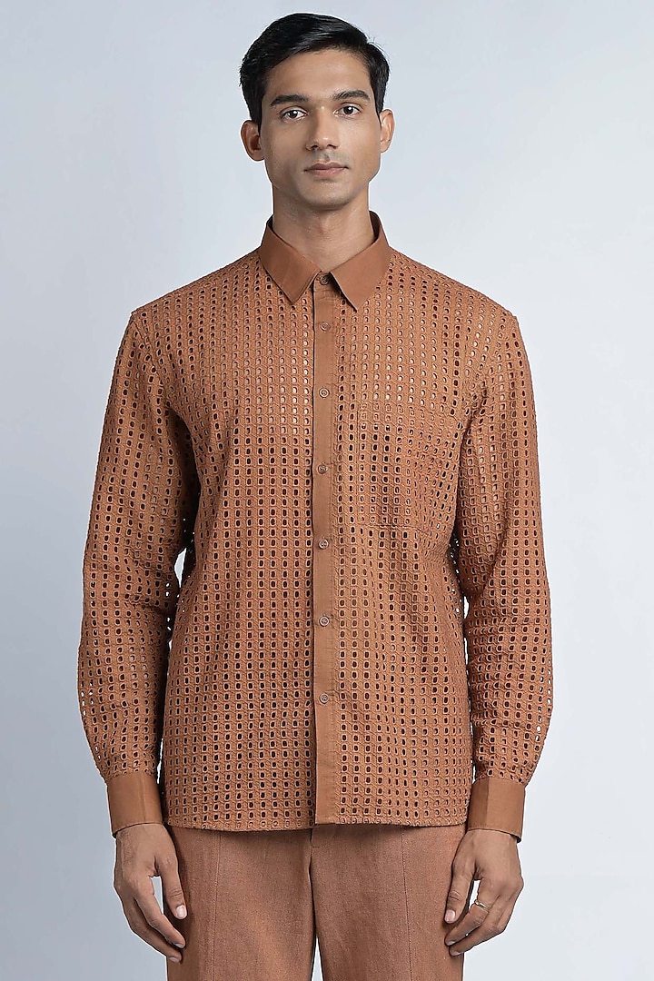 Brown Cotton & Schiffli Embroidered Shirt by DIERMEISS BY THE DRAGON LADY