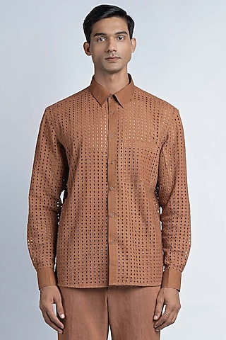Brown Cotton & Schiffli Embroidered Shirt by DIERMEISS BY THE DRAGON LADY