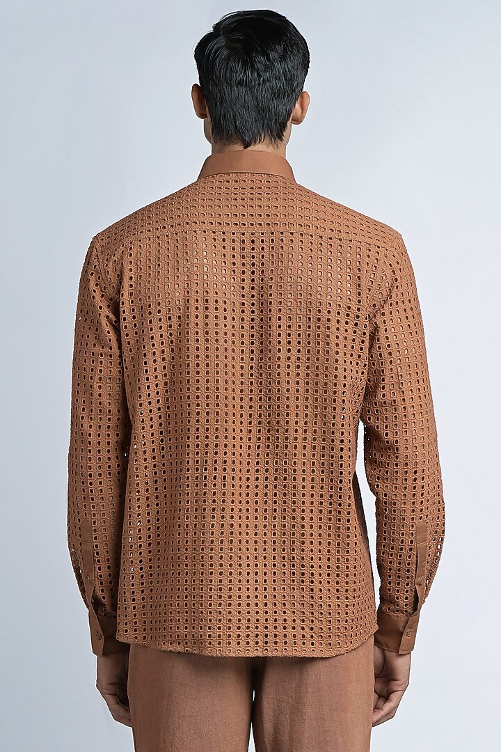 Brown Cotton & Schiffli Embroidered Party Wear Shirt by DIERMEISS BY THE DRAGON LADY at Pernia's Pop Up Shop
