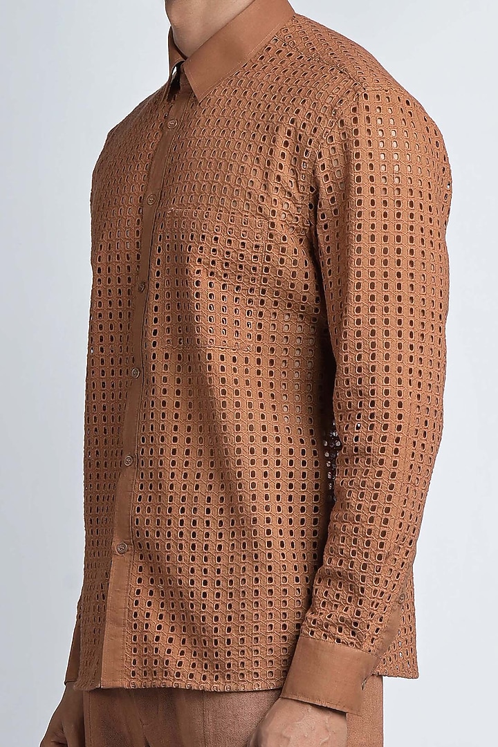 Brown Cotton & Schiffli Embroidered Party Wear Shirt by DIERMEISS BY THE DRAGON LADY at Pernia's Pop Up Shop