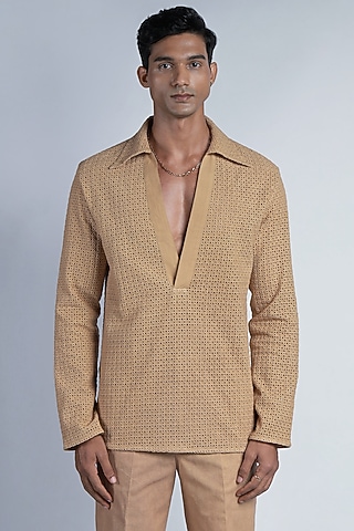 Gold Cotton Schiffli Embroidered Shirt by DIERMEISS BY THE DRAGON LADY