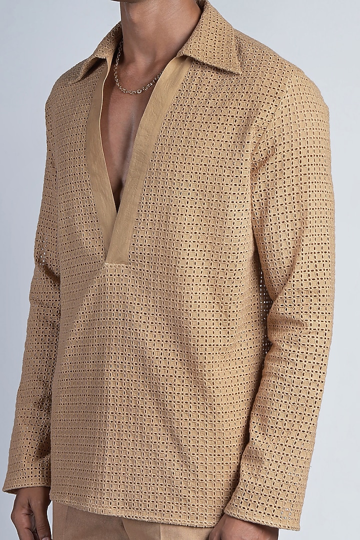 Gold Cotton Schiffli Embroidered Party Wear Shirt by DIERMEISS BY THE DRAGON LADY at Pernia's Pop Up Shop