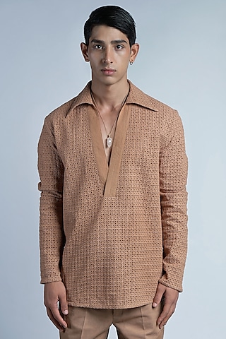 Bronze Cotton Schiffli Embroidered Shirt by DIERMEISS BY THE DRAGON LADY