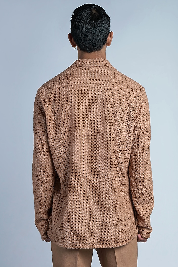 Bronze Cotton Schiffli Embroidered Party Wear Shirt by DIERMEISS BY THE DRAGON LADY at Pernia's Pop Up Shop