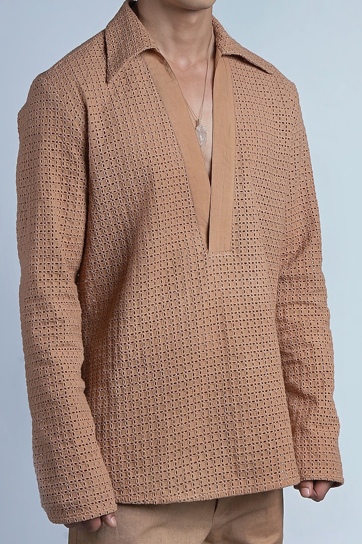 Bronze Cotton Schiffli Embroidered Party Wear Shirt by DIERMEISS BY THE DRAGON LADY at Pernia's Pop Up Shop