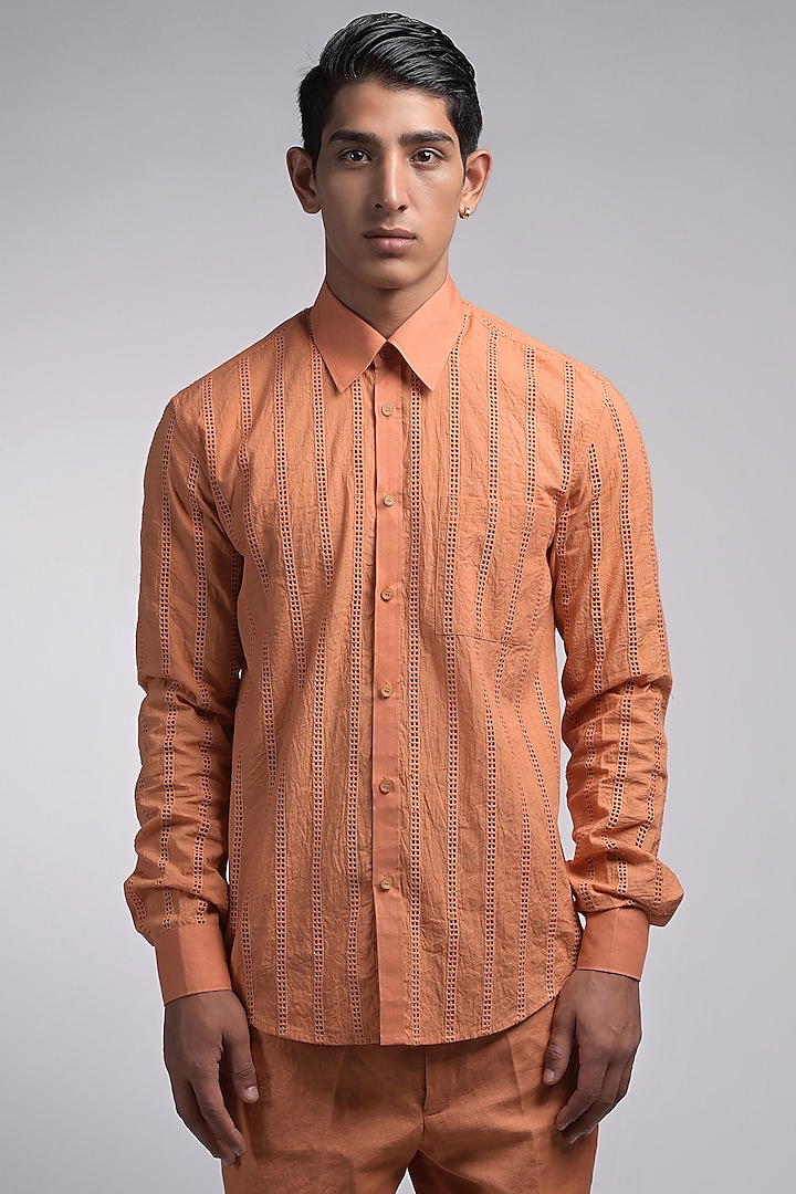 Orange Cotton Embroidered Shirt by DIERMEISS BY THE DRAGON LADY
