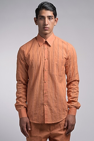 Orange Cotton Embroidered Shirt by DIERMEISS BY THE DRAGON LADY