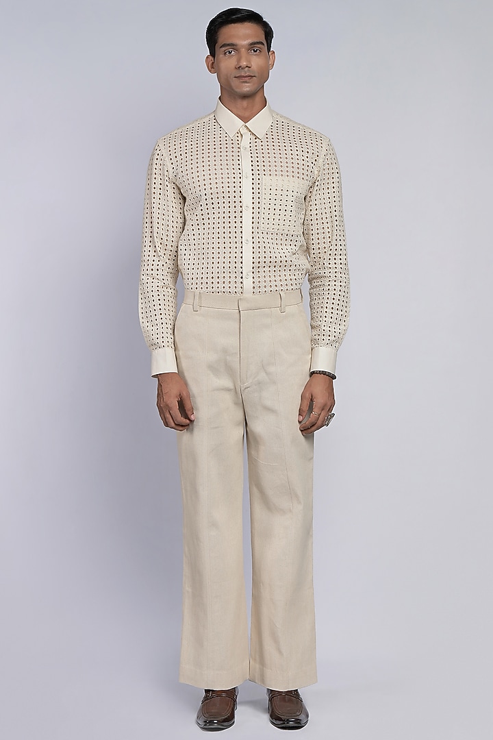 Off-White Cotton Twill Trousers by DIERMEISS BY THE DRAGON LADY at Pernia's Pop Up Shop
