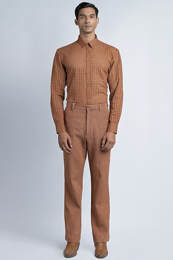 Brown Cotton Twill Trousers by DIERMEISS BY THE DRAGON LADY at Pernia's Pop Up Shop