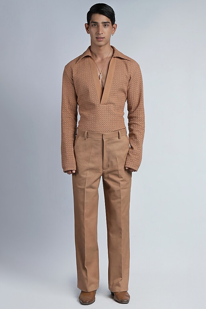 Bronze Cotton Twill Trousers by DIERMEISS BY THE DRAGON LADY at Pernia's Pop Up Shop
