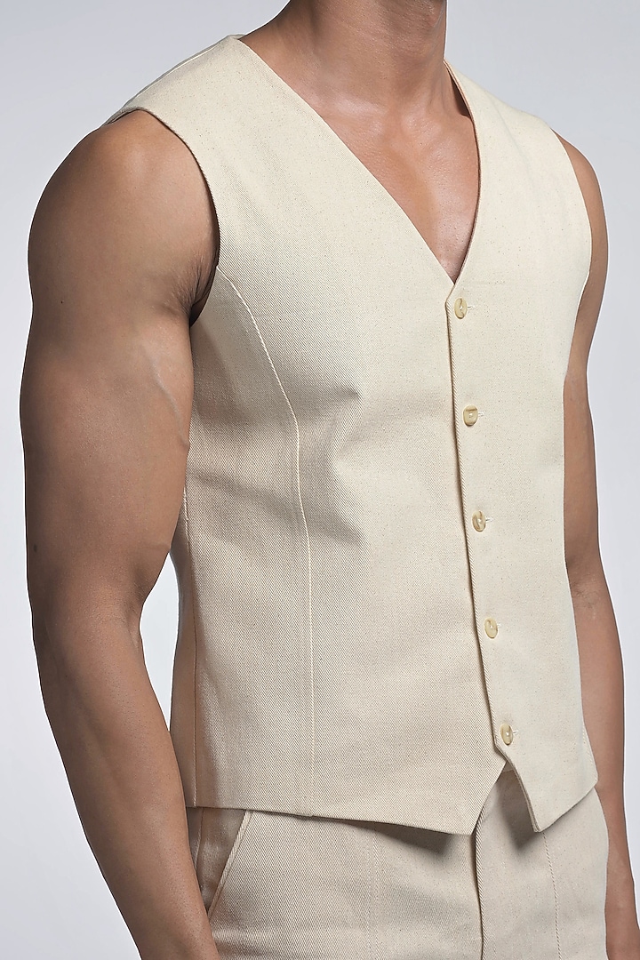 Off-White Cotton Twill Waistcoat by DIERMEISS BY THE DRAGON LADY at Pernia's Pop Up Shop