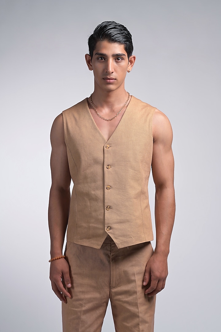 Gold Cotton Twill Waistcoat by DIERMEISS BY THE DRAGON LADY