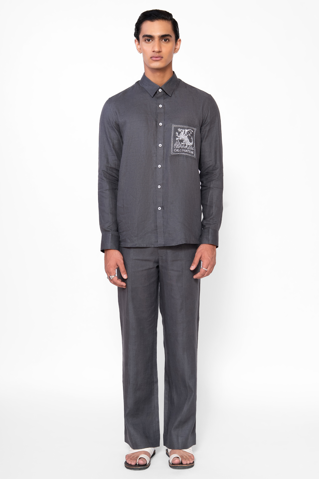 Charcoal Grey Linen Blend Thread Embroidered Co-Ord Set by DIERMEISS BY THE DRAGON LADY