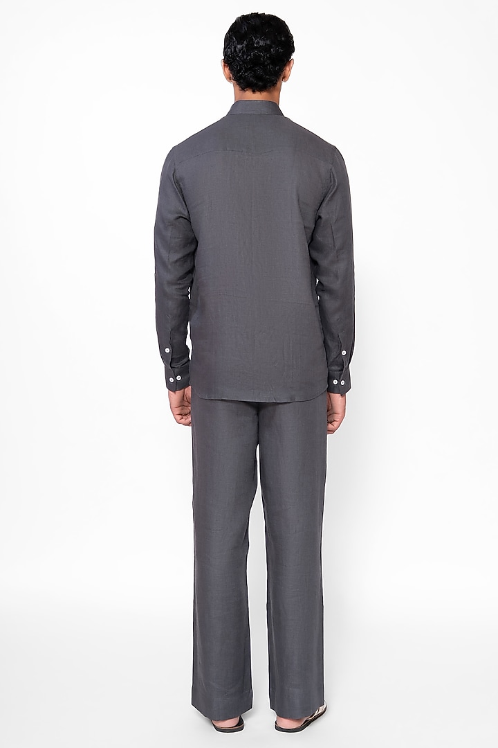 Charcoal Grey Linen Blend Thread Embroidered Co-Ord Set by DIERMEISS BY THE DRAGON LADY at Pernia's Pop Up Shop