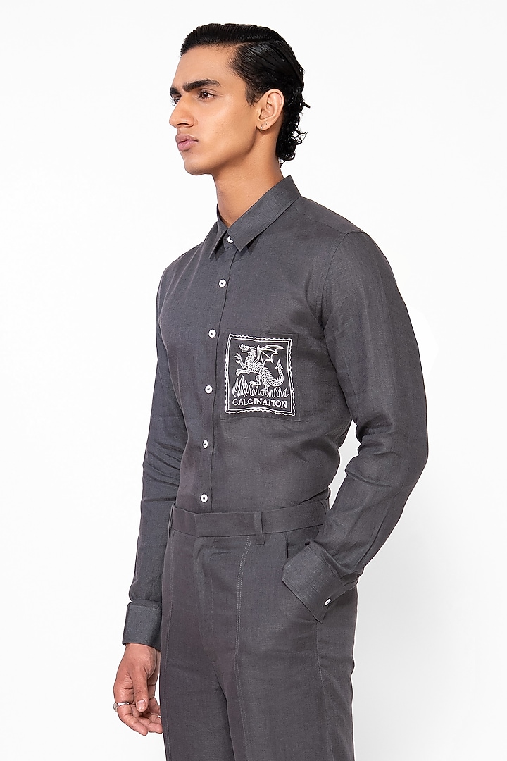 Charcoal Grey Linen Blend Thread Embroidered Co-Ord Set by DIERMEISS BY THE DRAGON LADY at Pernia's Pop Up Shop