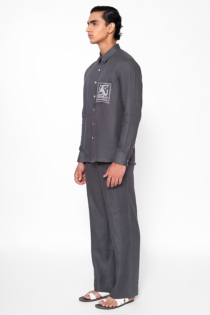 Charcoal Grey Linen Blend Thread Embroidered Co-Ord Set by DIERMEISS BY THE DRAGON LADY at Pernia's Pop Up Shop