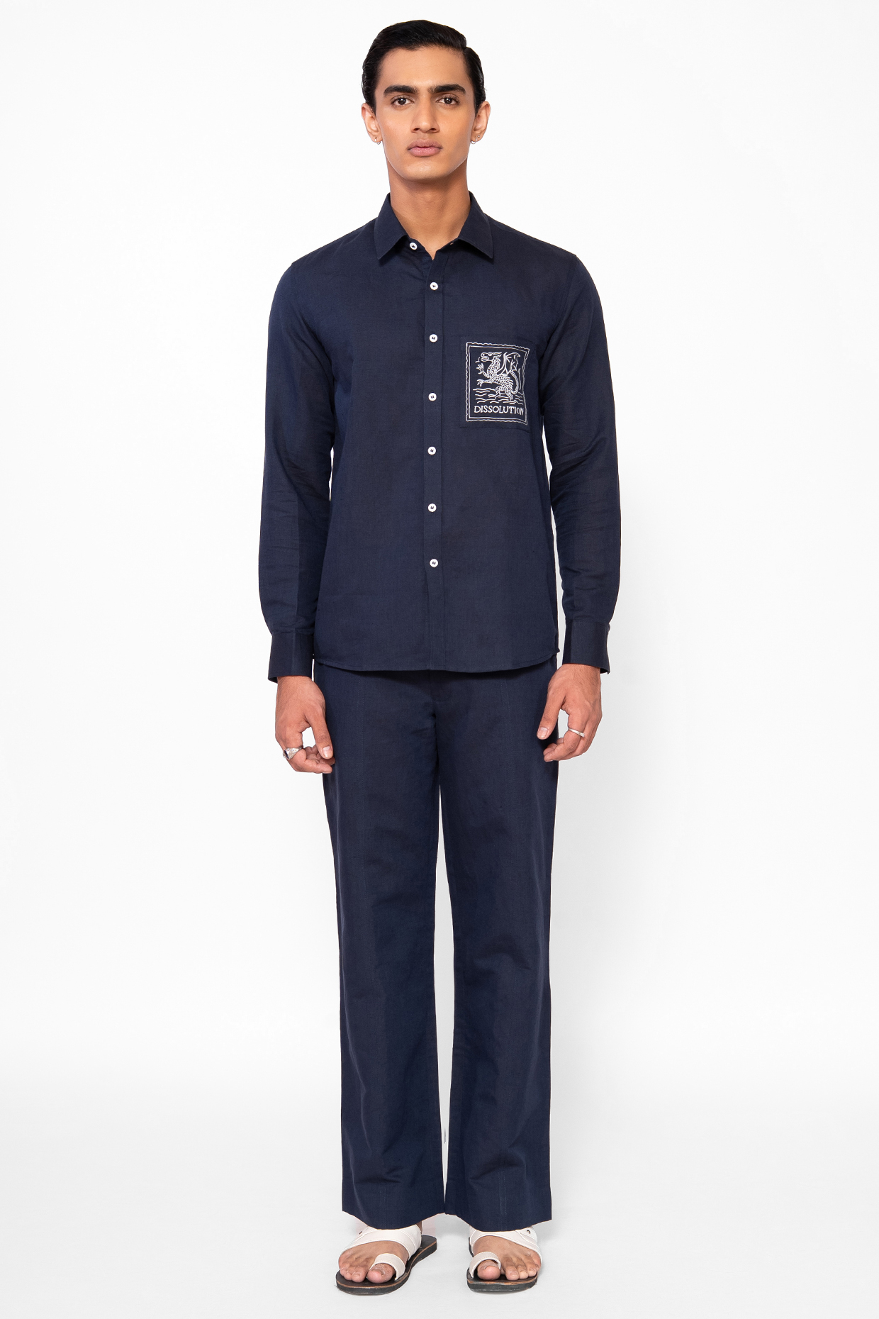 Navy Blue Linen Blend Thread Embroidered Co-Ord Set by DIERMEISS BY THE DRAGON LADY