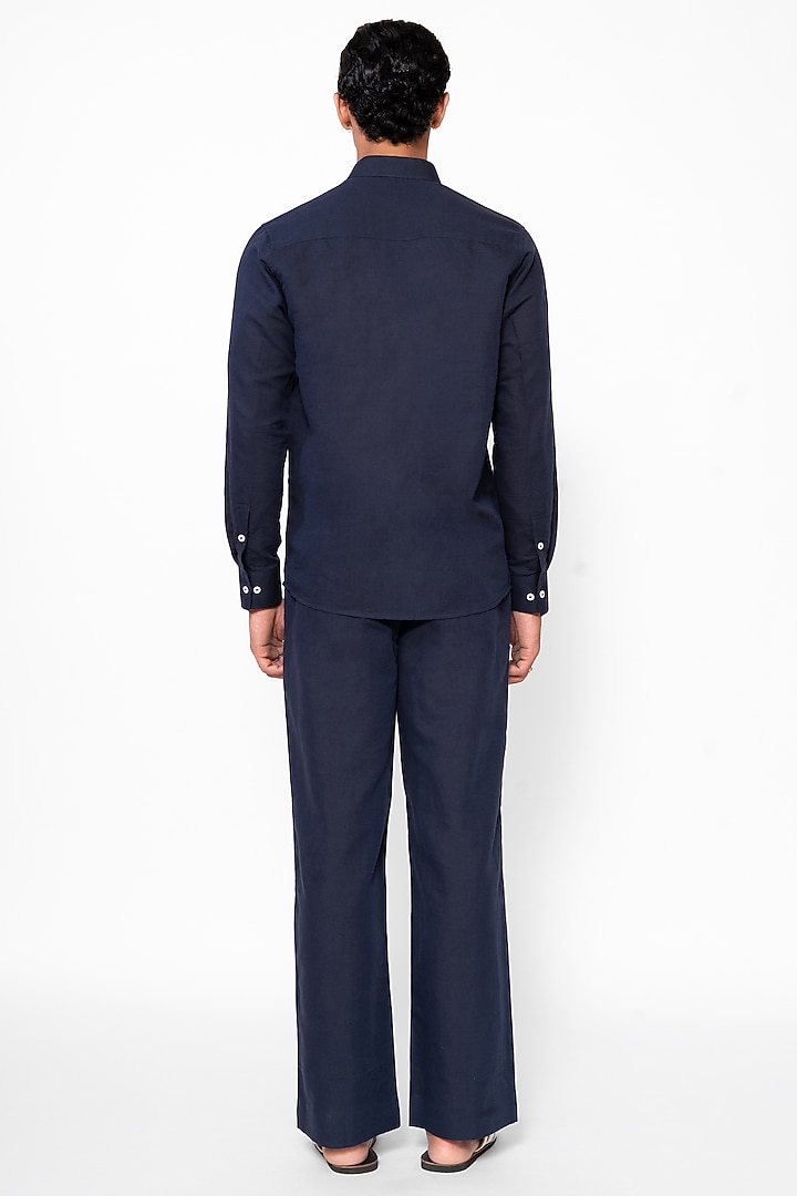 Navy Blue Linen Blend Thread Embroidered Co-Ord Set by DIERMEISS BY THE DRAGON LADY at Pernia's Pop Up Shop