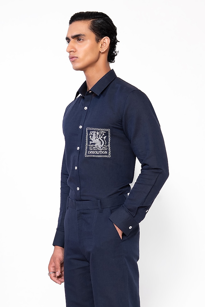 Navy Blue Linen Blend Thread Embroidered Co-Ord Set by DIERMEISS BY THE DRAGON LADY at Pernia's Pop Up Shop