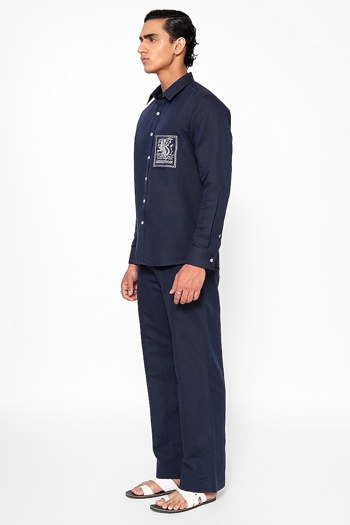 Navy Blue Linen Blend Thread Embroidered Co-Ord Set by DIERMEISS BY THE DRAGON LADY at Pernia's Pop Up Shop