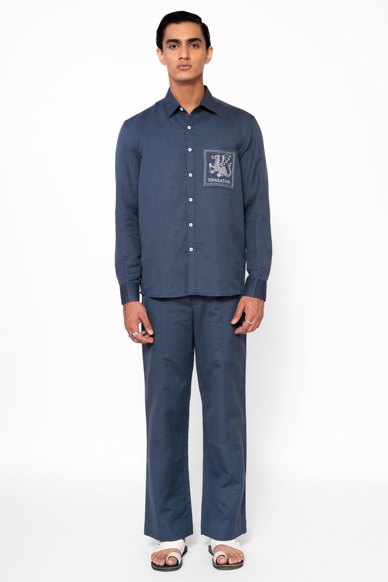 Slate Blue Linen Blend Thread Embroidered Co-Ord Set by DIERMEISS BY THE DRAGON LADY