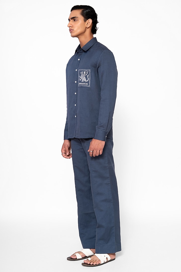 Slate Blue Linen Blend Thread Embroidered Co-Ord Set by DIERMEISS BY THE DRAGON LADY at Pernia's Pop Up Shop