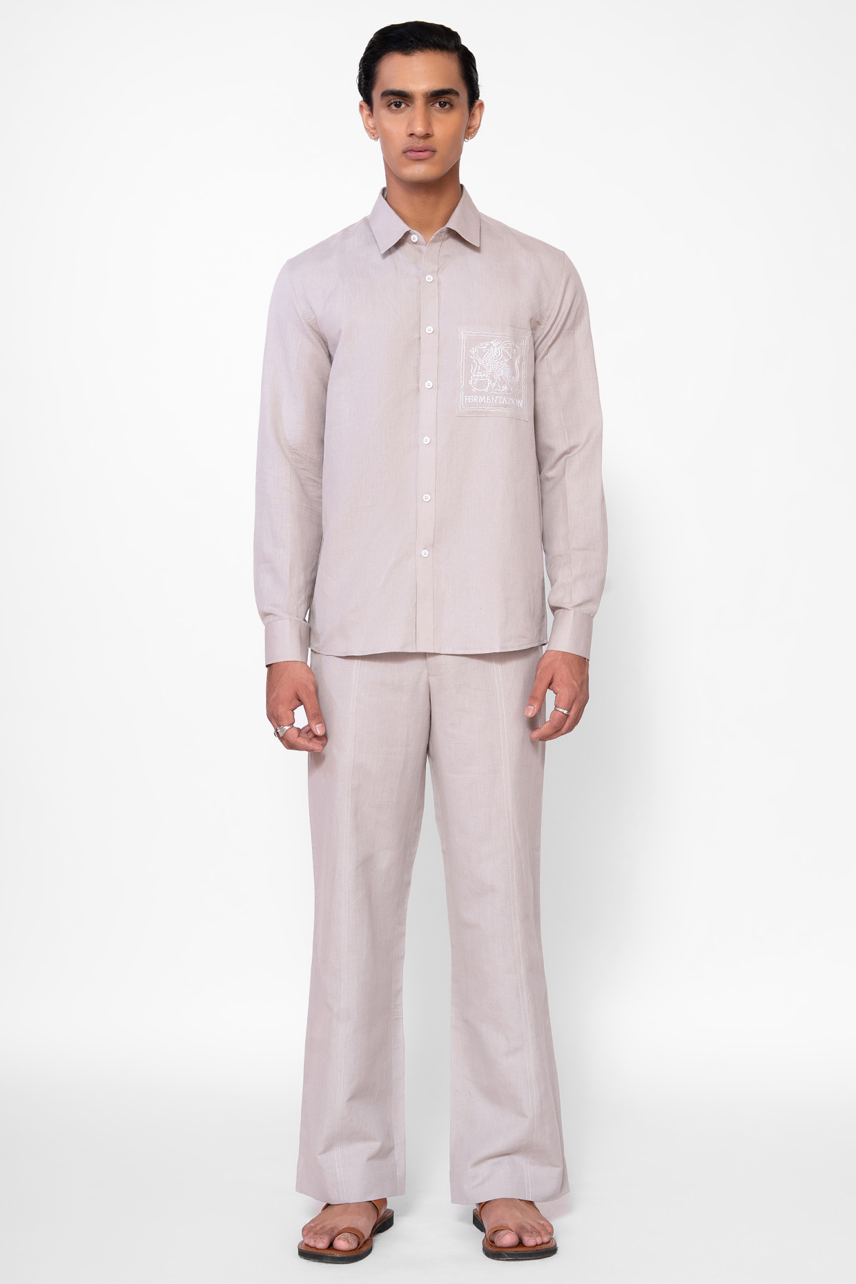 Light Grey Linen Blend Thread Embroidered Co-Ord Set by DIERMEISS BY THE DRAGON LADY