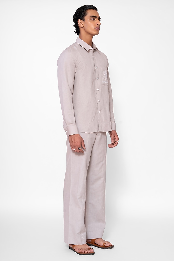 Light Grey Linen Blend Thread Embroidered Co-Ord Set by DIERMEISS BY THE DRAGON LADY at Pernia's Pop Up Shop
