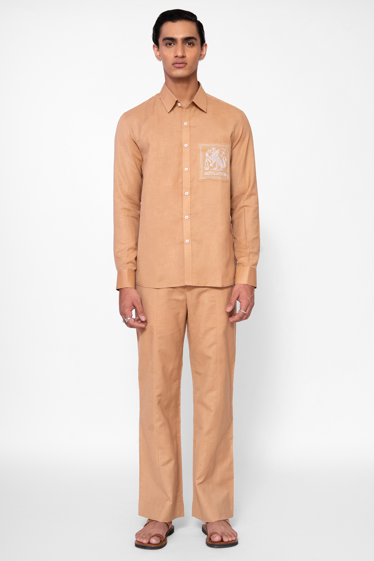 Earthy Sand Colored Linen Blend Embroidered Co-Ord Set by DIERMEISS BY THE DRAGON LADY